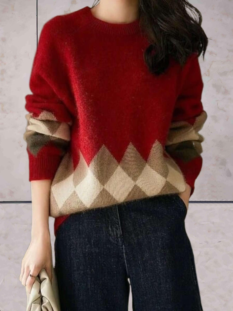 WW | Übergröße Gestrickter Pullover in Kontrastierenden Farben Mit Einem Runden Halsausschnitt