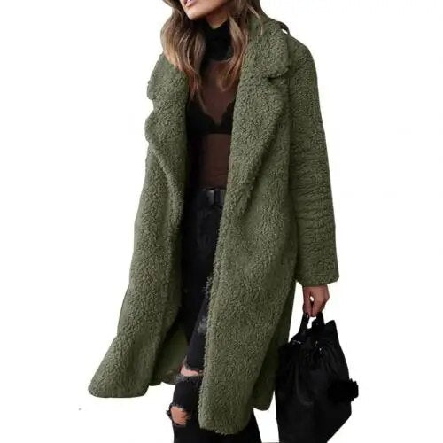 W&W Mode Plüsch Warm Strickjacke Revers Langarm Midimantel