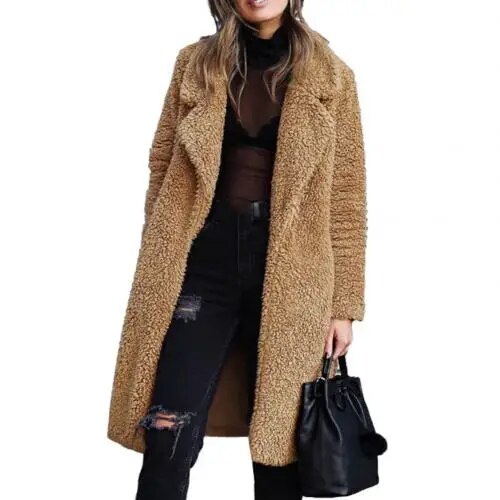 W&W Mode Plüsch Warm Strickjacke Revers Langarm Midimantel