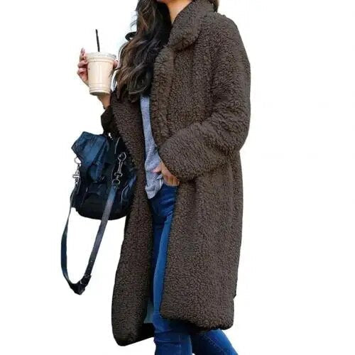 W&W Mode Plüsch Warm Strickjacke Revers Langarm Midimantel