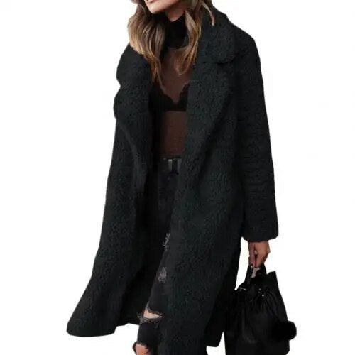 W&W Mode Plüsch Warm Strickjacke Revers Langarm Midimantel