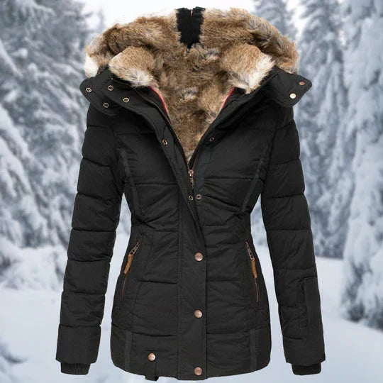 W&W Mode - Kapuzenpelz gefütterte Pufferjacke für Frauen