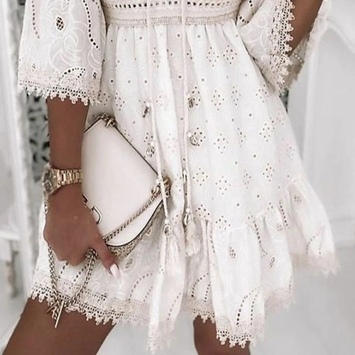 WW | Boho-Spitzenbesticktes Kleid mit Ausladenden Ärmeln für Damen