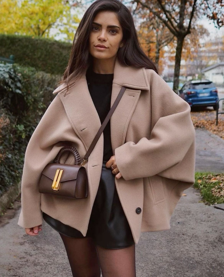 W&W Mode | Lockere Passform Einreihig Übergroße Jacke Kurzer Wollmantel für Damen