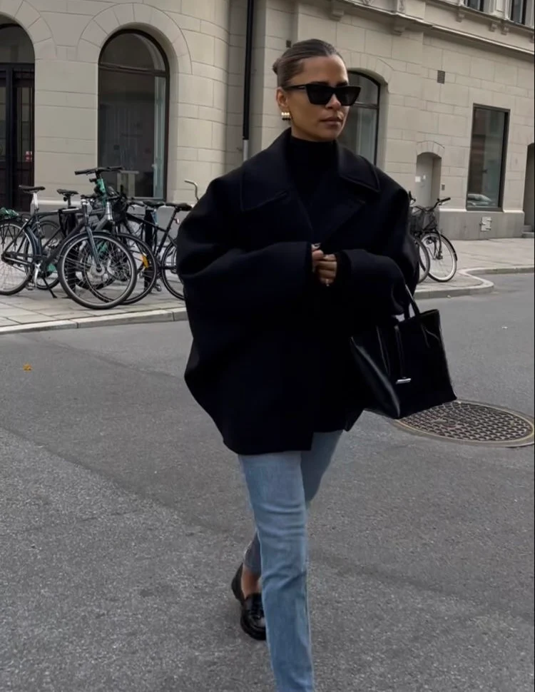 W&W Mode | Lockere Passform Einreihig Übergroße Jacke Kurzer Wollmantel für Damen