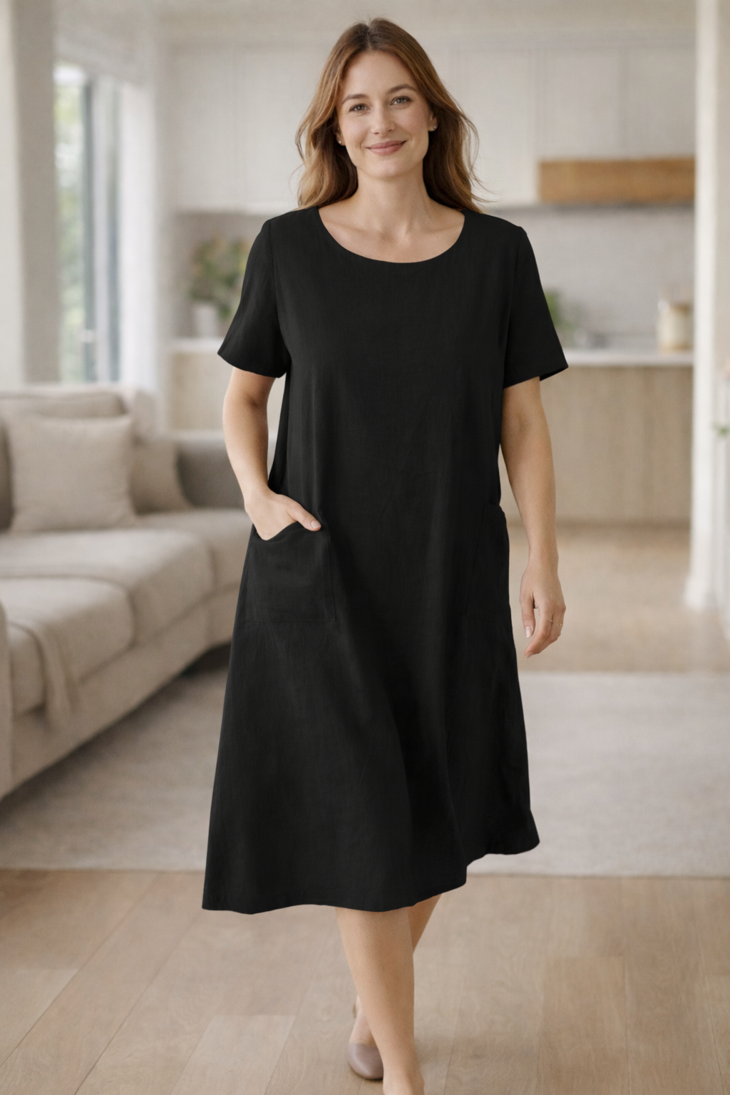 Damen-Sommerkleid mit kurzen Ärmeln und praktischen Taschen