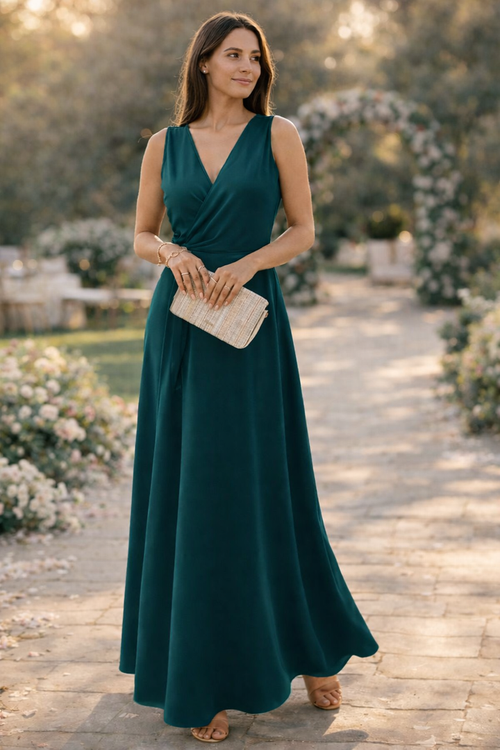 W&W Mode Maxikleid Damen lang elegant V-Ausschnitt ärmellos
