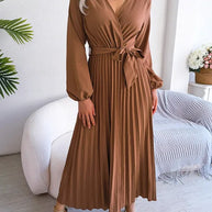 WW - Damen V-Ausschnitt Plissiertes Maxikleid Langarm
