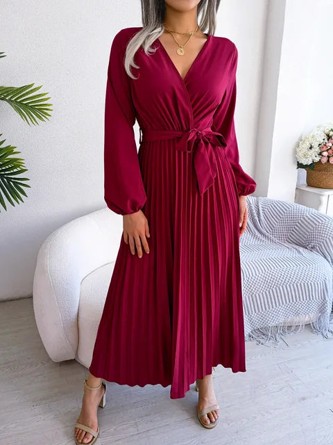 W&W Mode - Damen V-Ausschnitt Plissiertes Maxikleid Langarm