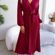 WW - Damen V-Ausschnitt Plissiertes Maxikleid Langarm