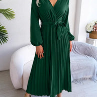 WW - Damen V-Ausschnitt Plissiertes Maxikleid Langarm