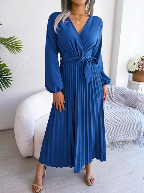 W&W Mode - Damen V-Ausschnitt Plissiertes Maxikleid Langarm