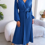 WW - Damen V-Ausschnitt Plissiertes Maxikleid Langarm