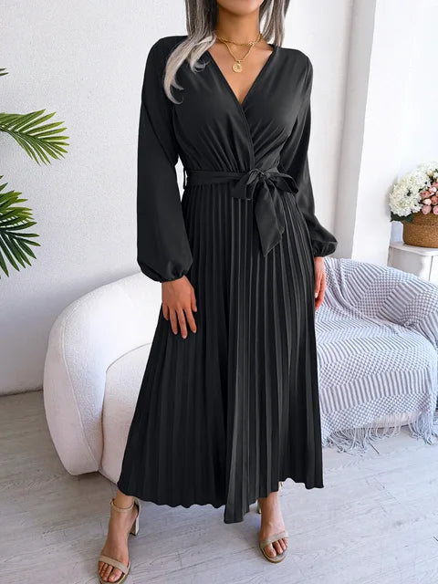 W&W Mode - Damen V-Ausschnitt Plissiertes Maxikleid Langarm