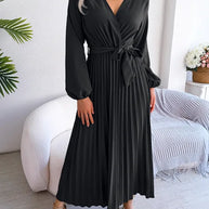 WW - Damen V-Ausschnitt Plissiertes Maxikleid Langarm