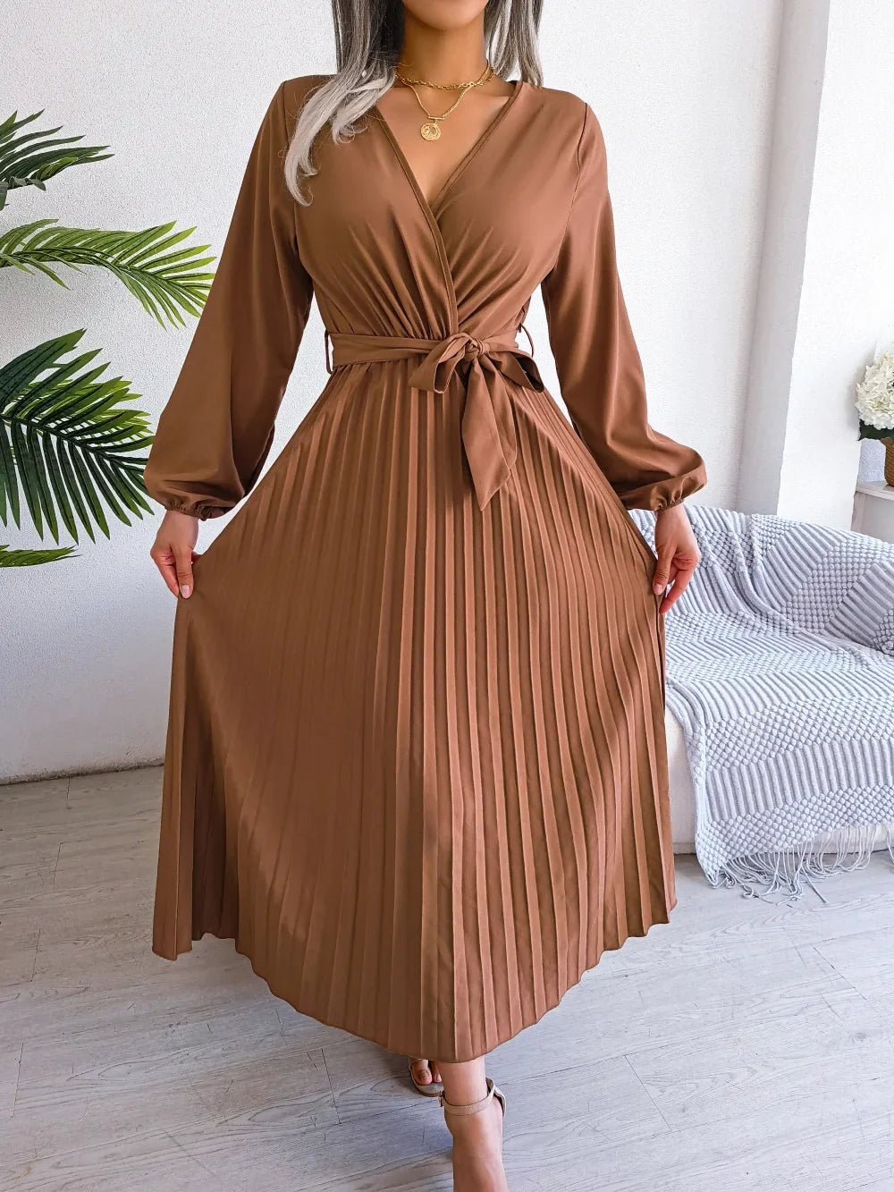 W&W Mode - Damen V-Ausschnitt Plissiertes Maxikleid Langarm