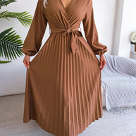 WW - Damen V-Ausschnitt Plissiertes Maxikleid Langarm