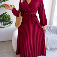 WW - Damen V-Ausschnitt Plissiertes Maxikleid Langarm