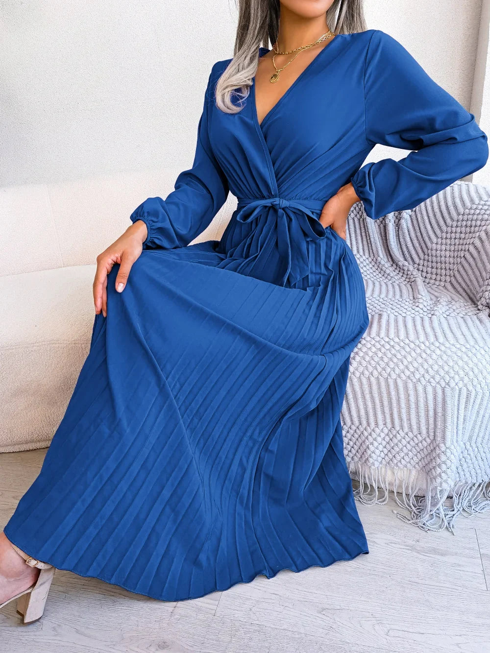 W&W Mode - Damen V-Ausschnitt Plissiertes Maxikleid Langarm