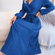 WW - Damen V-Ausschnitt Plissiertes Maxikleid Langarm