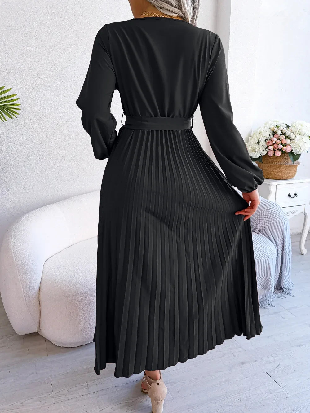 W&W Mode - Damen V-Ausschnitt Plissiertes Maxikleid Langarm