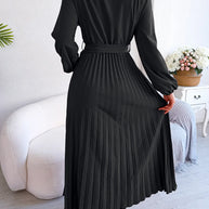 WW - Damen V-Ausschnitt Plissiertes Maxikleid Langarm