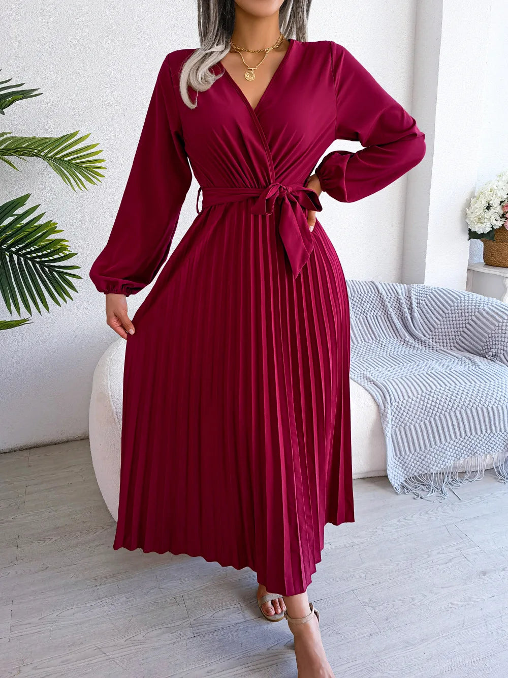 W&W Mode - Damen V-Ausschnitt Plissiertes Maxikleid Langarm