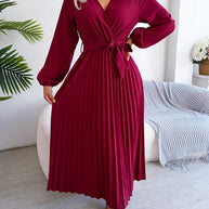 WW - Damen V-Ausschnitt Plissiertes Maxikleid Langarm