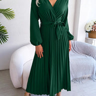WW - Damen V-Ausschnitt Plissiertes Maxikleid Langarm