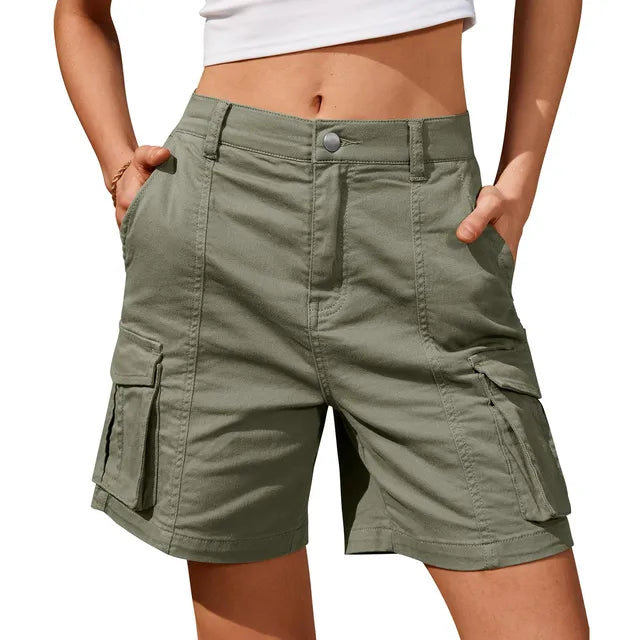 Damen Vintage Cargo Shorts: Elastische Taille und 6 Taschen