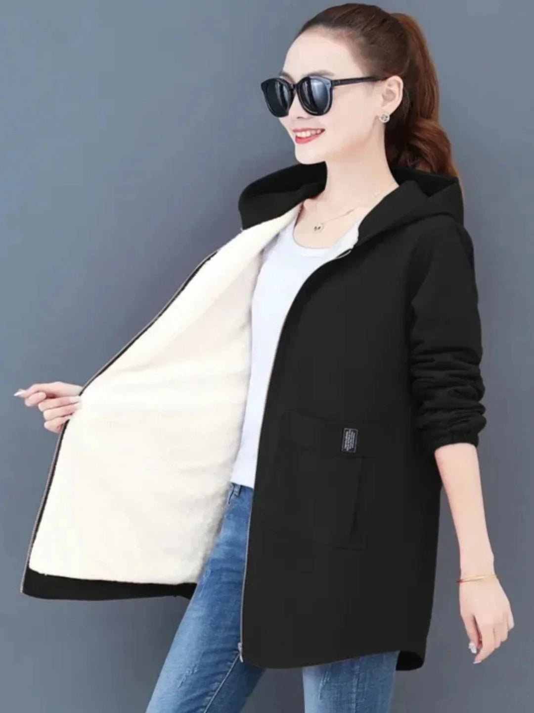 W&W Mode | Kapuzenmantel für Damen - schwarze Freizeitjacke