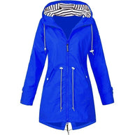 WW - Damen wasserdichter Hoodie-Trenchcoat mit Taillenkordelzug, Reißverschluss und Außentaschen