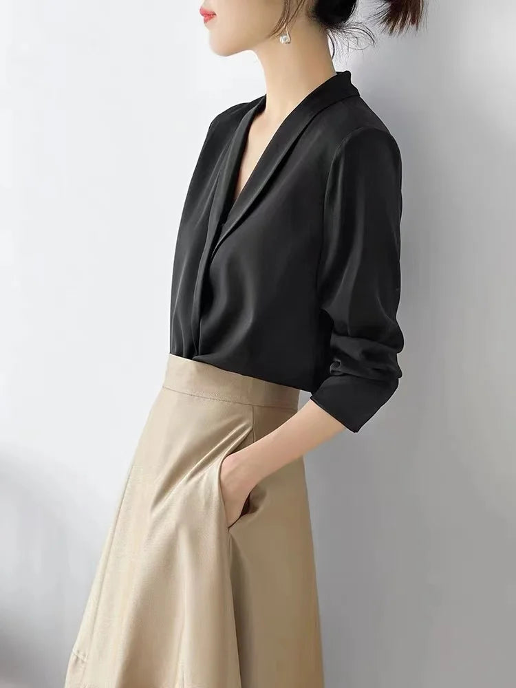 Satin V-Ausschnitt Bluse