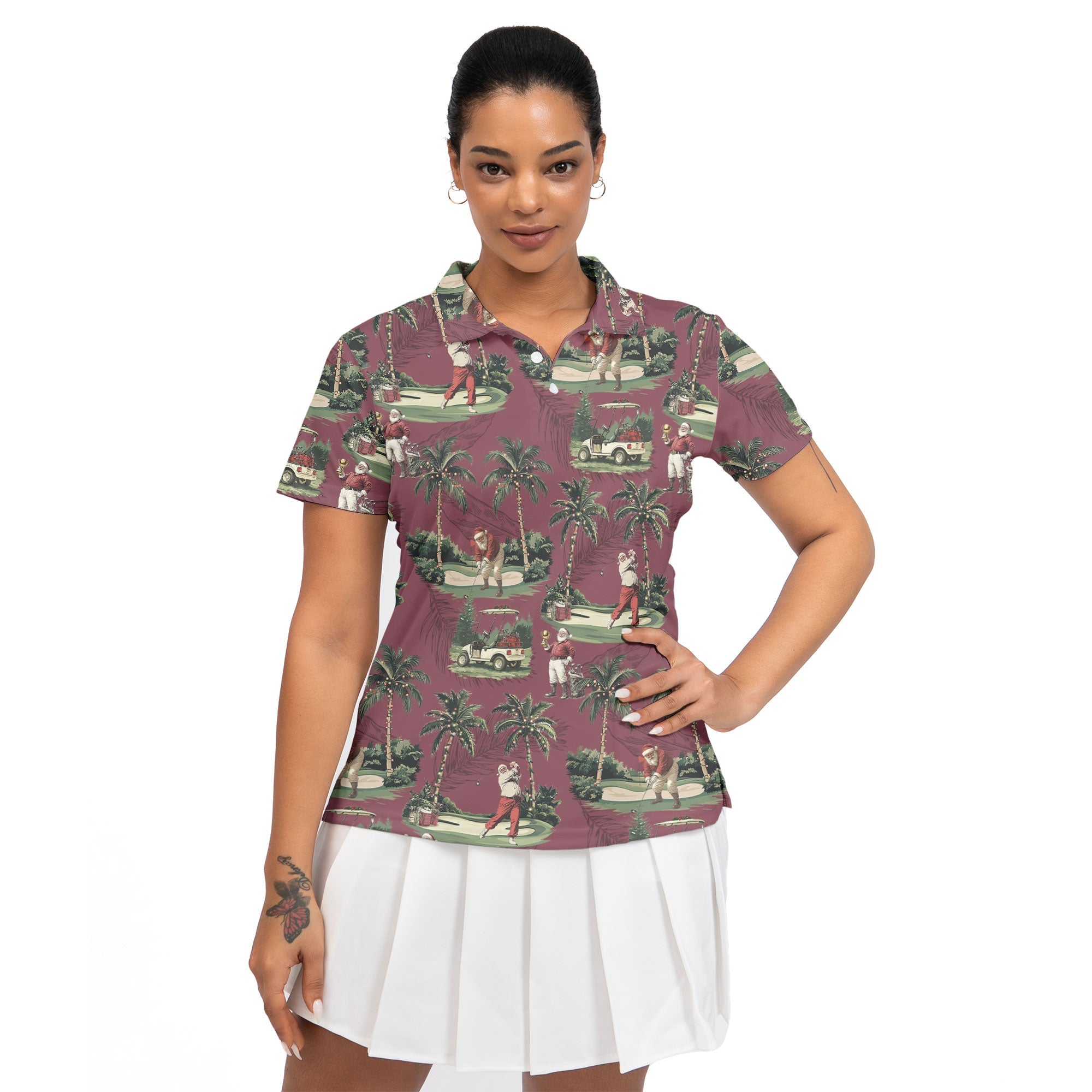 WW | Damen Bordeauxrot Santa Golf spielend Weihnachts Golf Polo Shirts