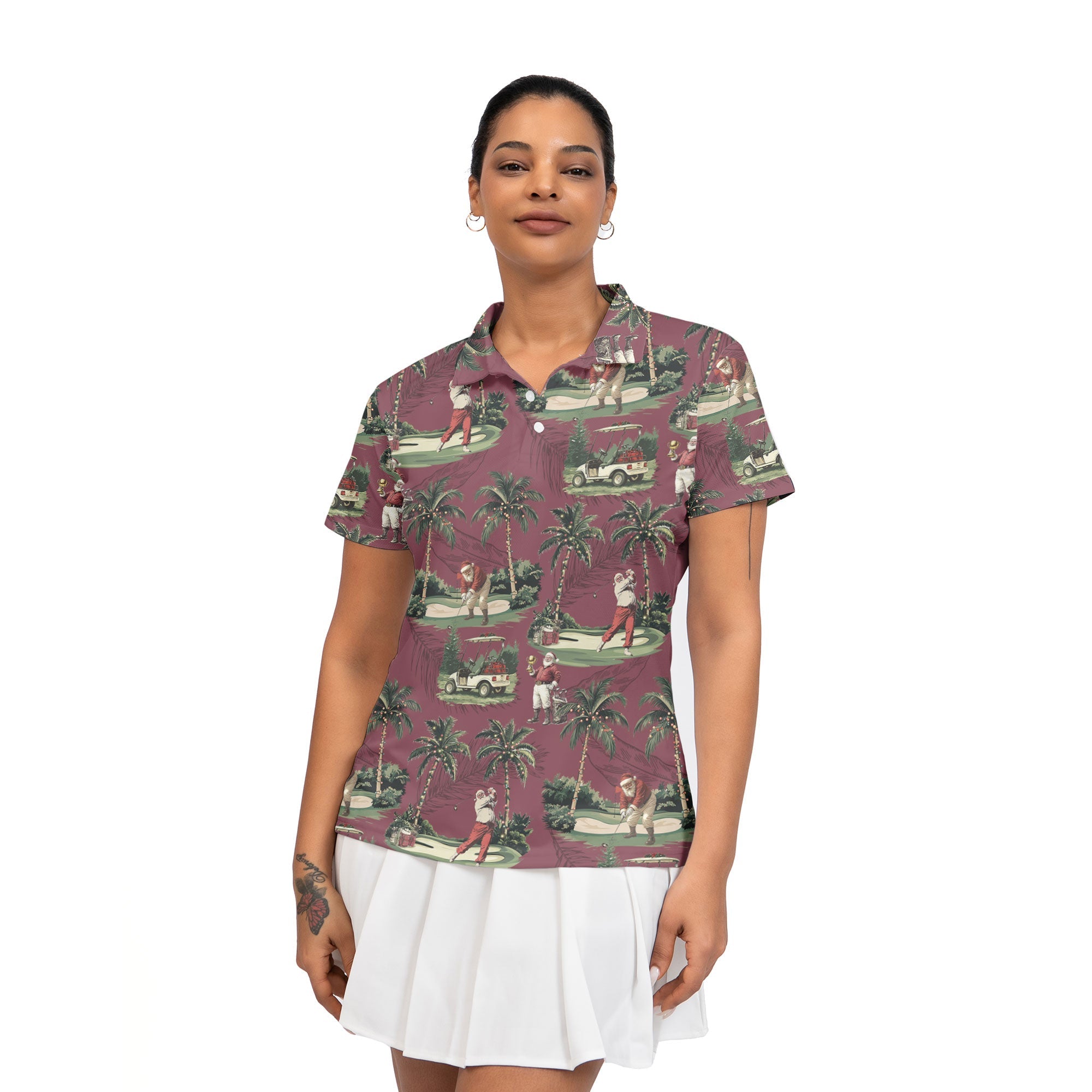 WW | Damen Bordeauxrot Santa Golf spielend Weihnachts Golf Polo Shirts