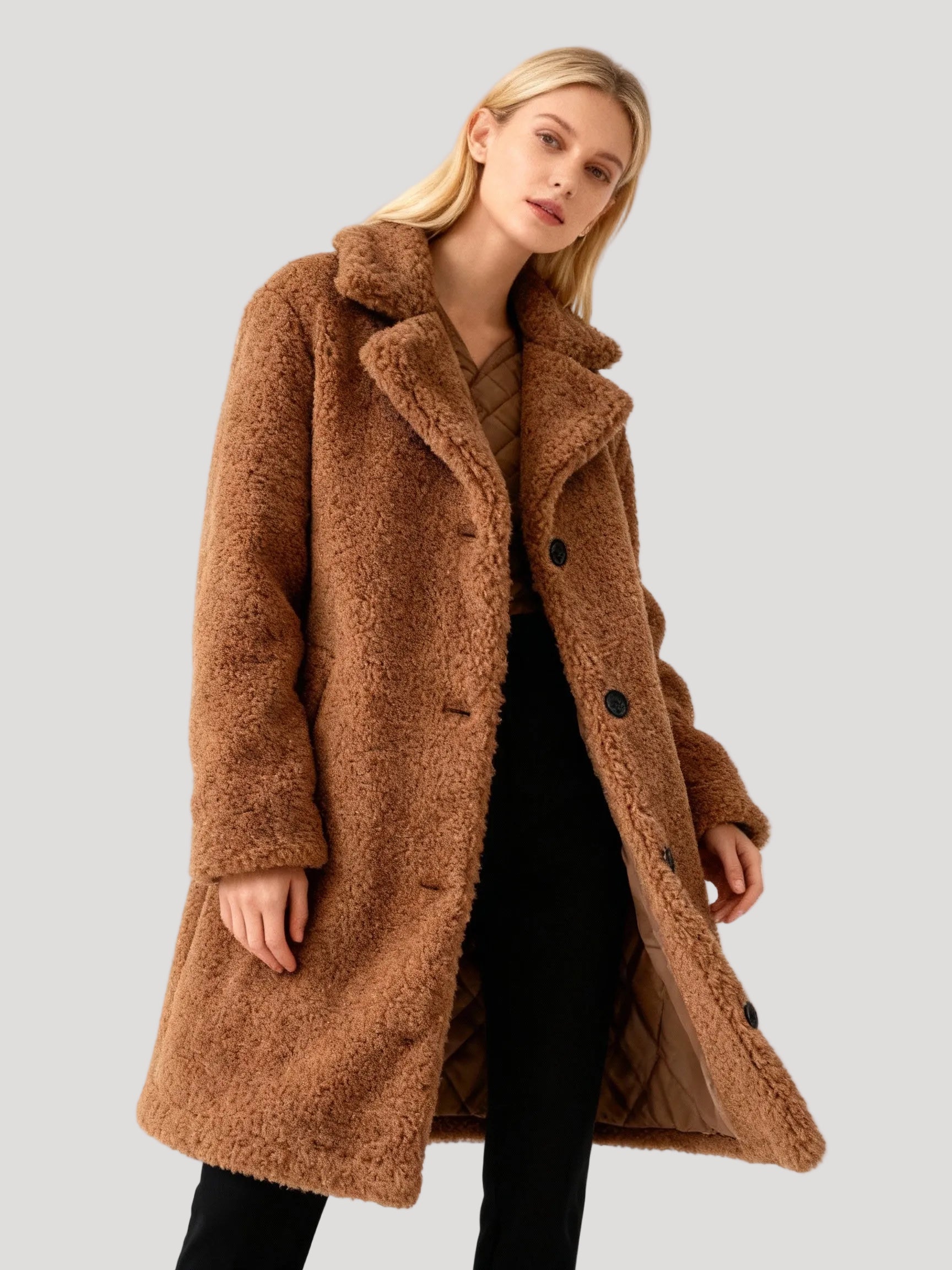 Damen Plüsch-Trenchcoat | Mantel in Plüsch-Optik, Lang, Oversized Fit | 100% Polyester