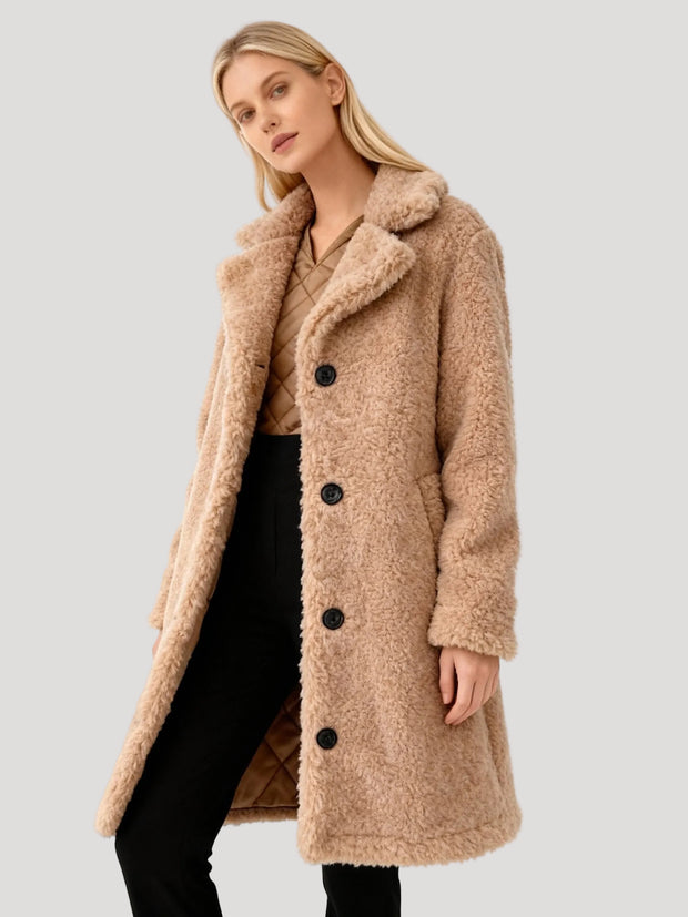 Damen Plüsch-Trenchcoat | Mantel in Plüsch-Optik, Lang, Oversized Fit | 100% Polyester