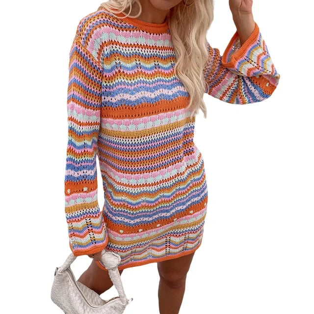 W&W Mode | Designer Bohème gestreiftes Strick-Häkel-Pullover-Kleid