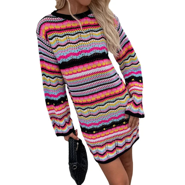 W&W Mode | Designer Bohème gestreiftes Strick-Häkel-Pullover-Kleid