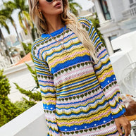 WW | Designer Bohème gestreiftes Strick-Häkel-Pullover-Kleid