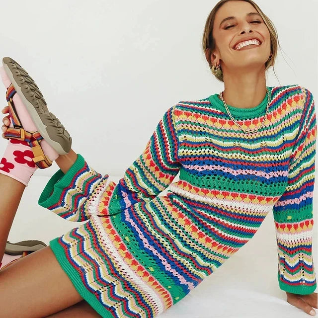 W&W Mode | Designer Bohème gestreiftes Strick-Häkel-Pullover-Kleid
