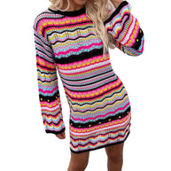 WW | Designer Bohème gestreiftes Strick-Häkel-Pullover-Kleid