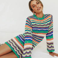 WW | Designer Bohème gestreiftes Strick-Häkel-Pullover-Kleid