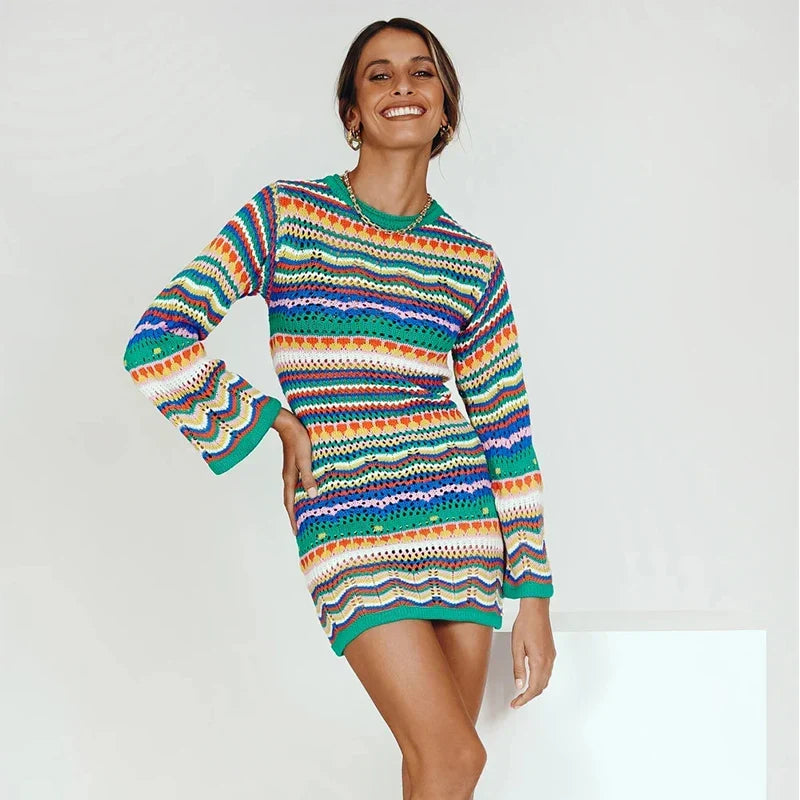 W&W Mode | Designer Bohème gestreiftes Strick-Häkel-Pullover-Kleid