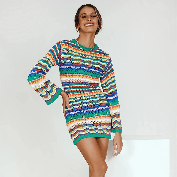 W&W Mode | Designer Bohème gestreiftes Strick-Häkel-Pullover-Kleid