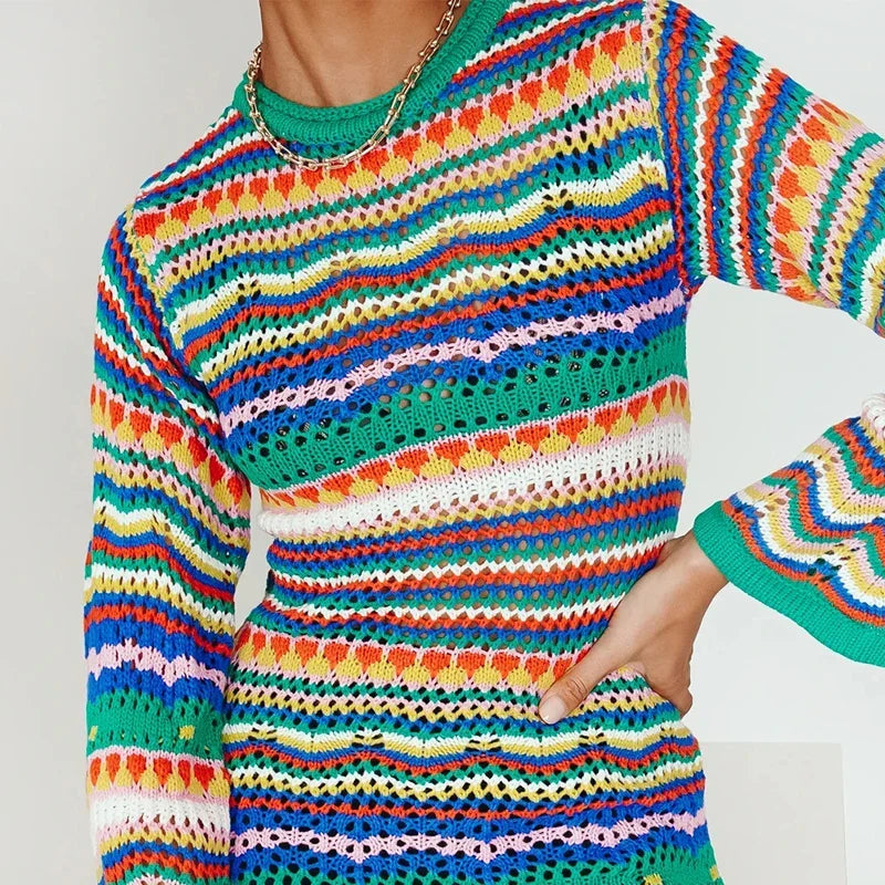 W&W Mode | Designer Bohème gestreiftes Strick-Häkel-Pullover-Kleid
