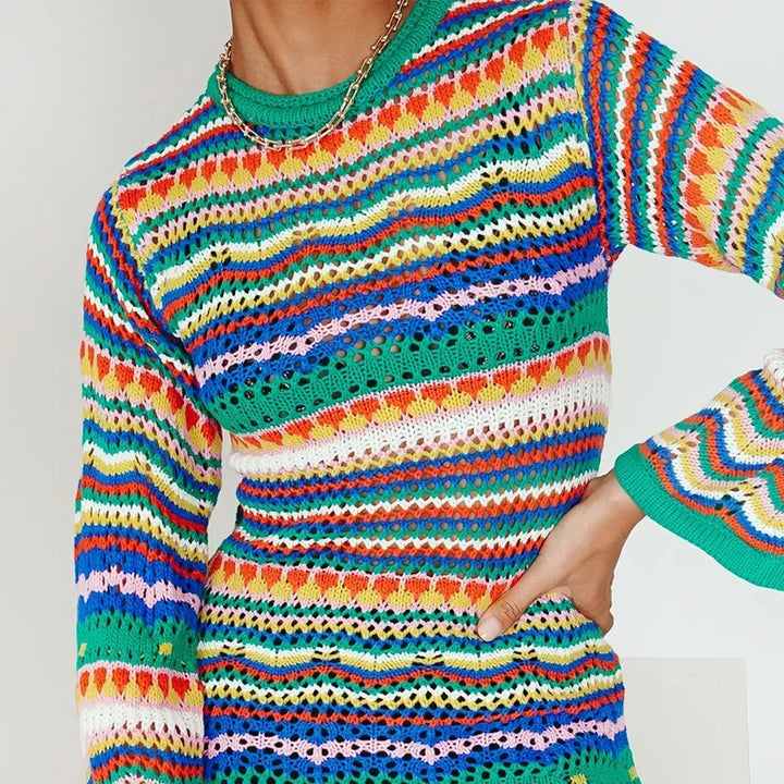 W&W Mode | Designer Bohème gestreiftes Strick-Häkel-Pullover-Kleid