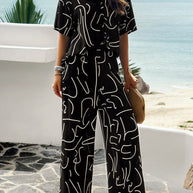 WW | Elegantes Trendiges Satz Mit Schwarzem Wirbelmuster Hosenshirt