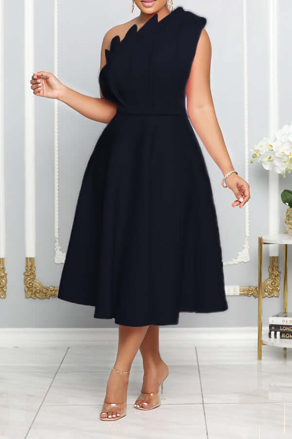 W&W Mode | One Shoulder Midi Kleid Elegante A-linie Passform Skulpturierte Details Festliche Kleidung
