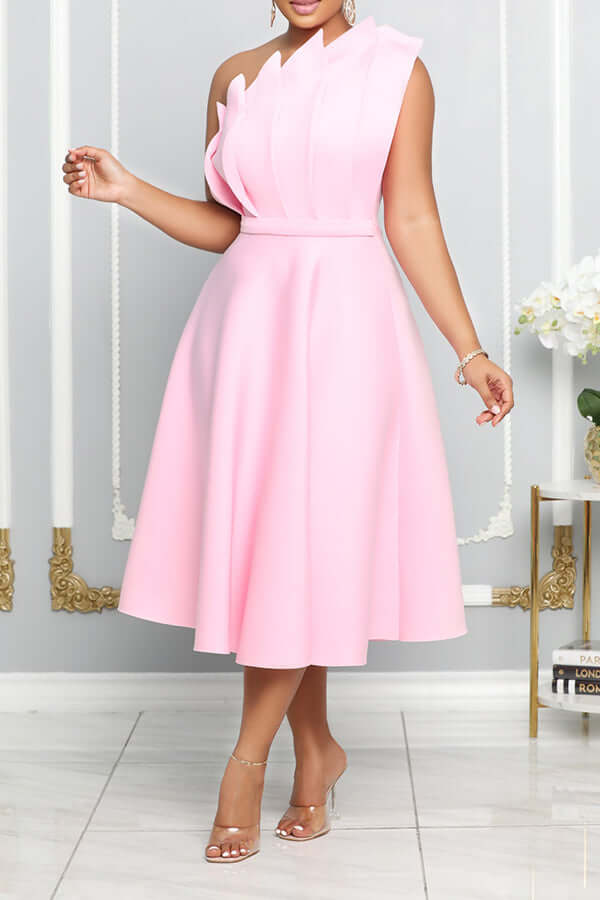 WW | One Shoulder Midi Kleid Elegante A-linie Passform Skulpturierte Details Festliche Kleidung